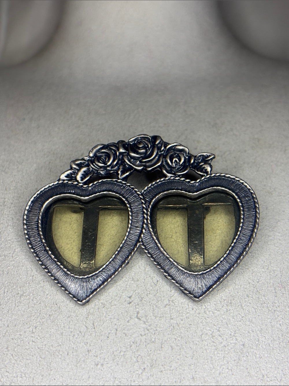 vintage silver, heavy double heart picture frame brooch